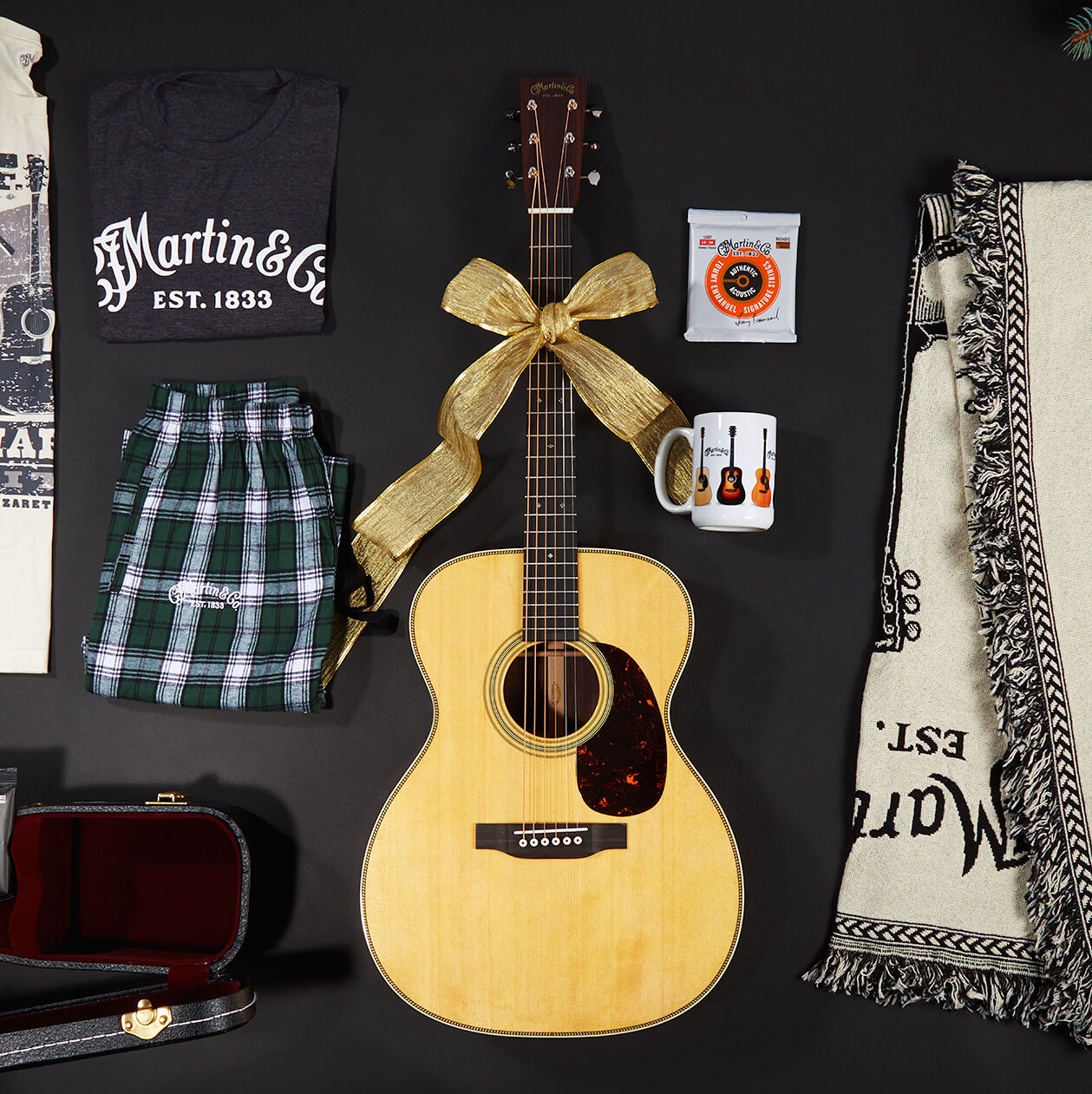 Flat lay of fingerpicking Martin Guitar gifts