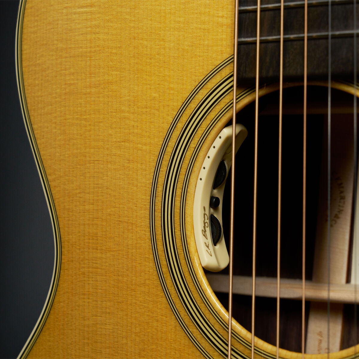 Closeup of pickup in guitar sound hole