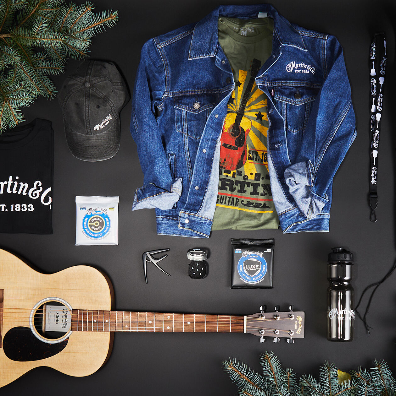 Flat lay of folk and rock Martin Guitar gifts
