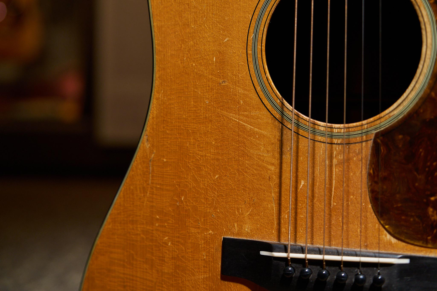 A closeup shot of the front of James Taylor's 1937 D-18