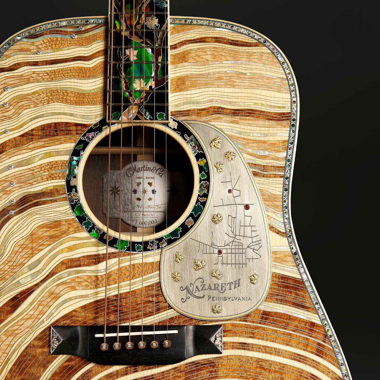 Photo of an ornate acoustic guitar.