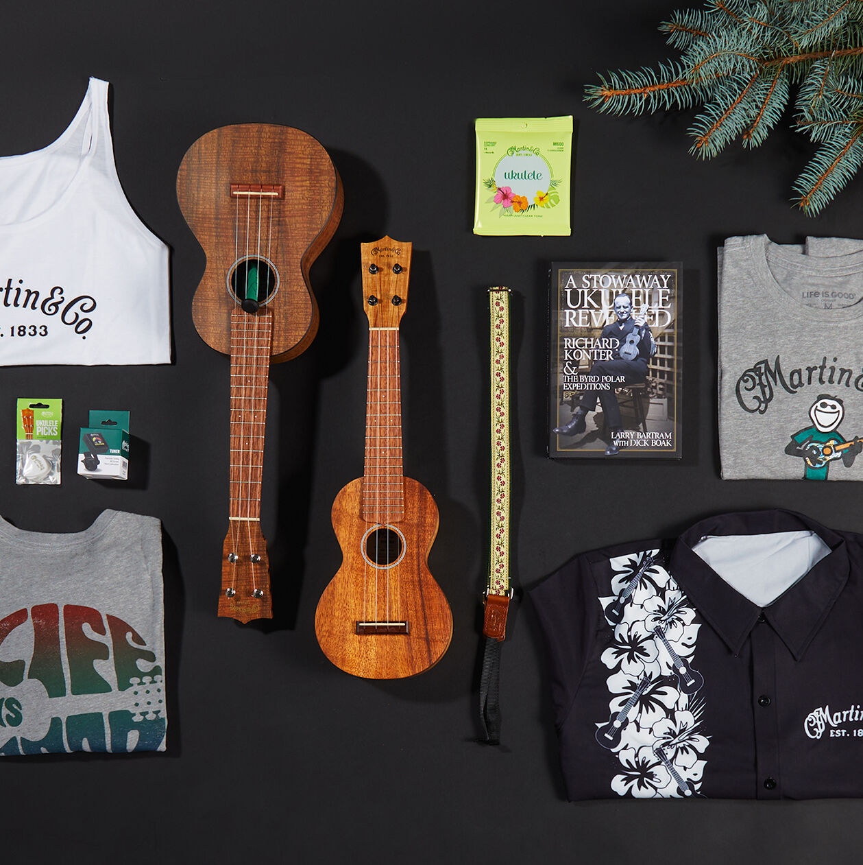 Flat lay of ukulele Martin Guitar gifts
