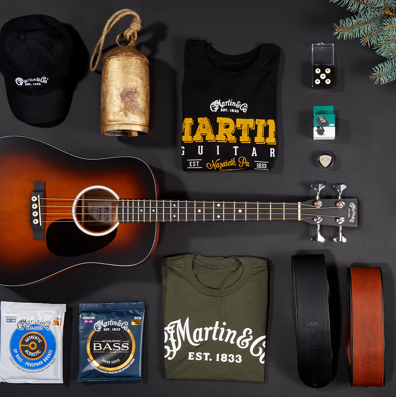 Flat lay of bass Martin Guitar gifts