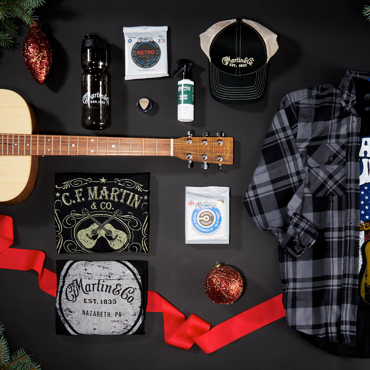 Flat lay of bluegrass Martin Guitar gifts