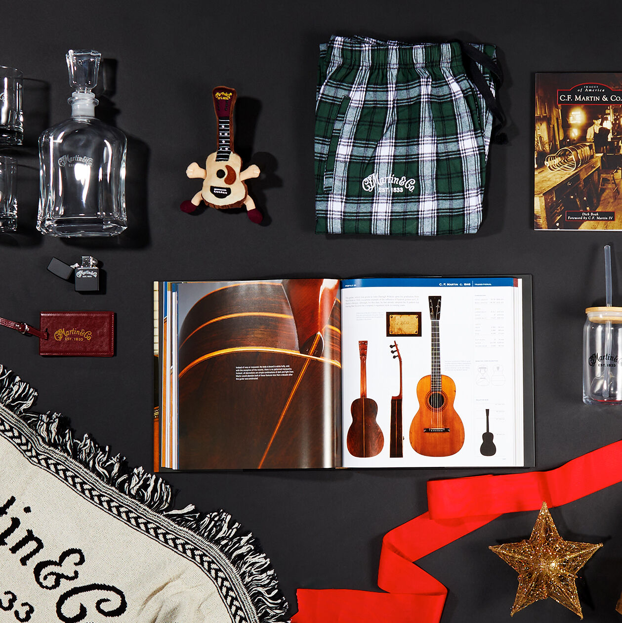 Flat lay of stocking stuffer Martin Guitar gifts