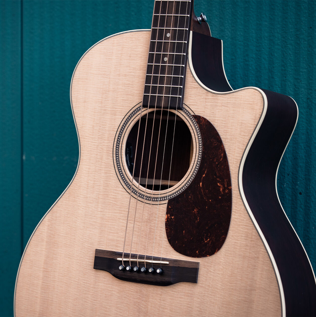 Cutaway guitar body in front of blue wall