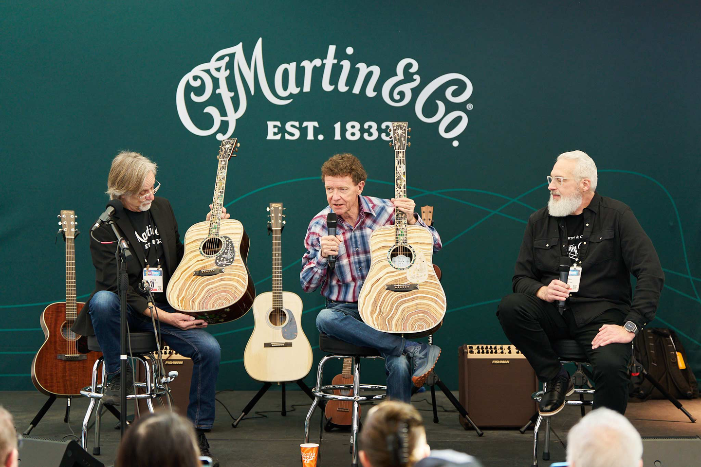 Three presenters in front of a Martin logo at the NAMM trade show