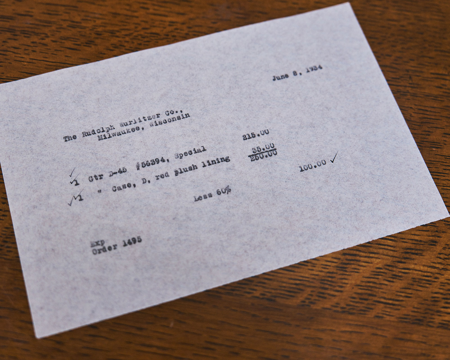 Invoice for the second D-45 ever made&mdash;built for Jackie &ldquo;Kid&rdquo; Moore. This 12-fret model featured a solid headstock and his name inlaid in the fingerboard.