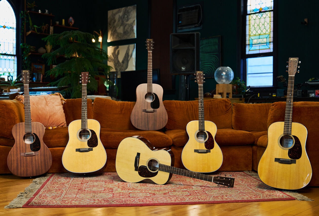 A group shot of the retro style Road Series acoustic guitars